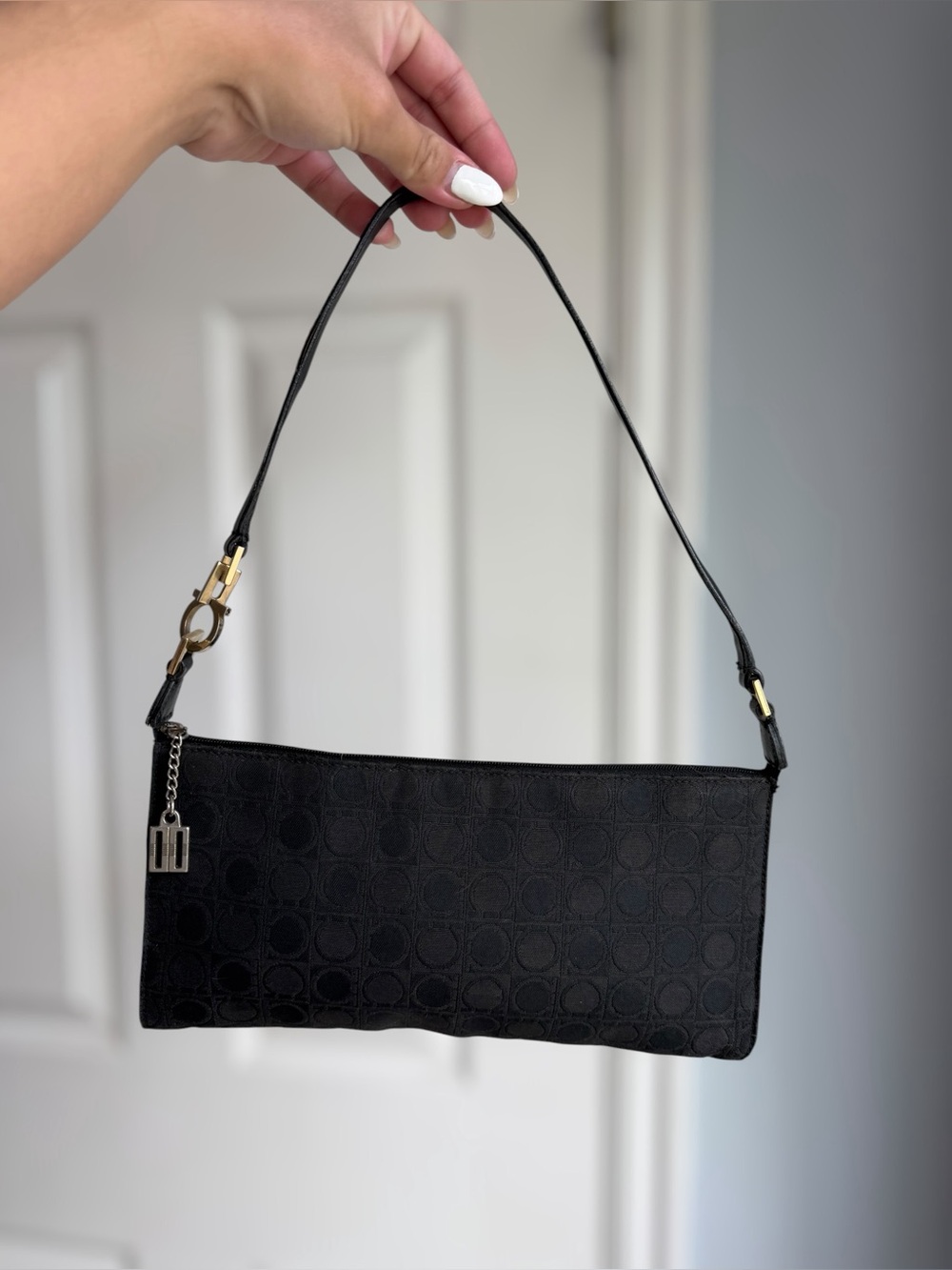 Vintage Salvatore Ferragamo Gancini Monogram Shoulder Bag Black Y2K Italy